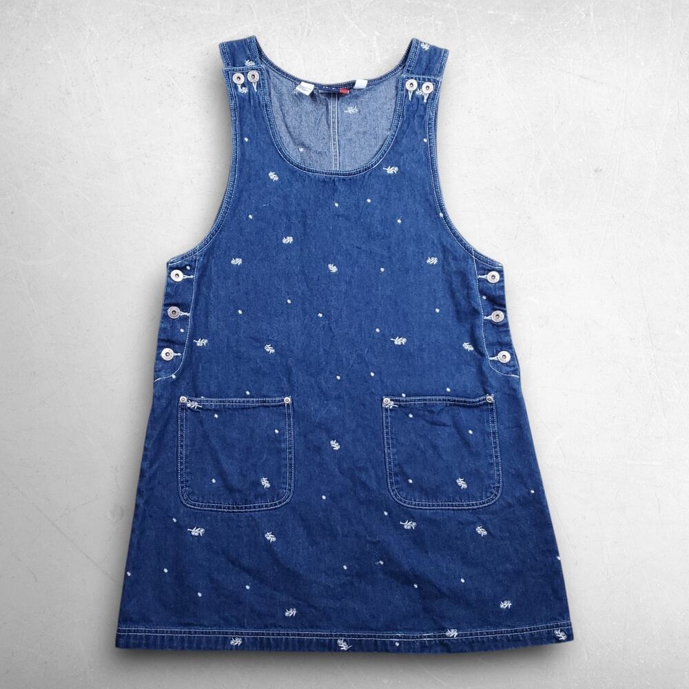 J.L. N.Y. Denim Mini Dress Size M‎ Blue Cotton Embroidered Flowers VTG 90s Boho